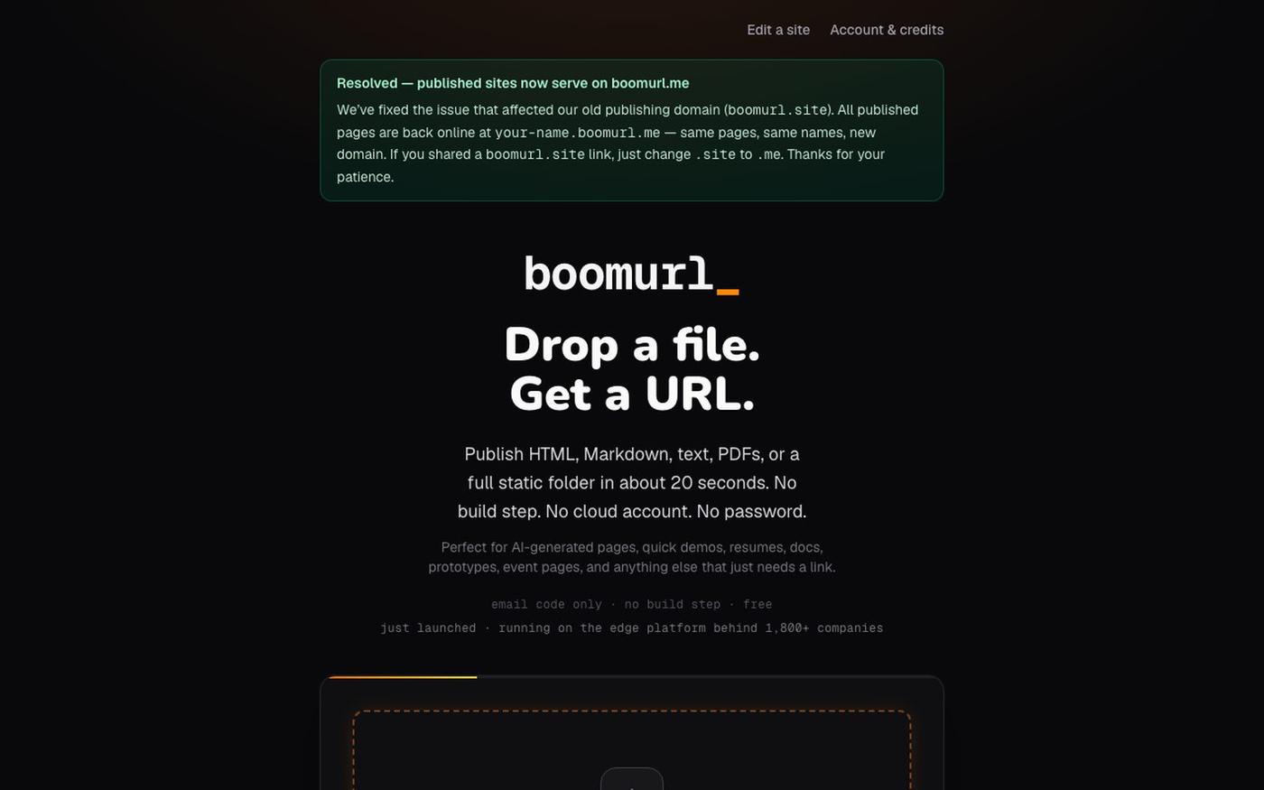boomurl — drag a folder, get a URL · free static site hosting — screenshot