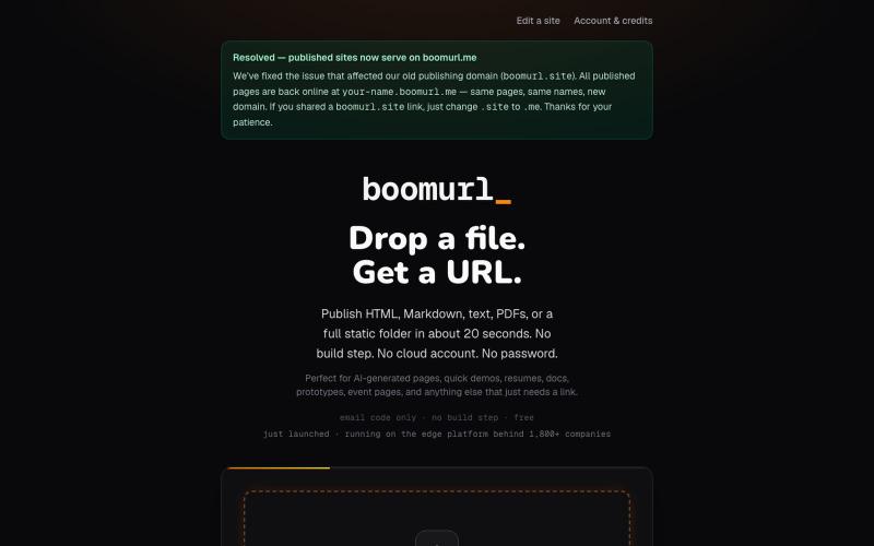 boomurl — drag a folder, get a URL · free static site hosting — screenshot