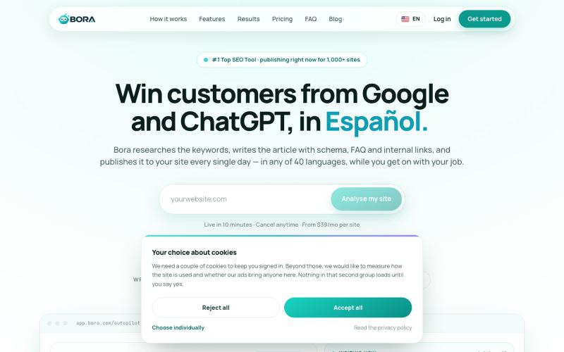 Bora — SEO articles that AI answers quote, published daily — screenshot