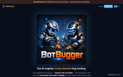 Botbugger — Two AI engines. Cross-checked bug hunting. — screenshot