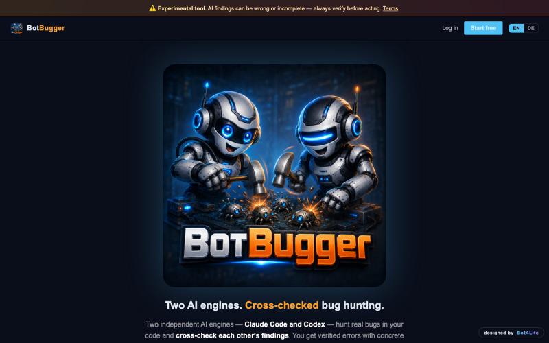 Botbugger — Two AI engines. Cross-checked bug hunting. — screenshot
