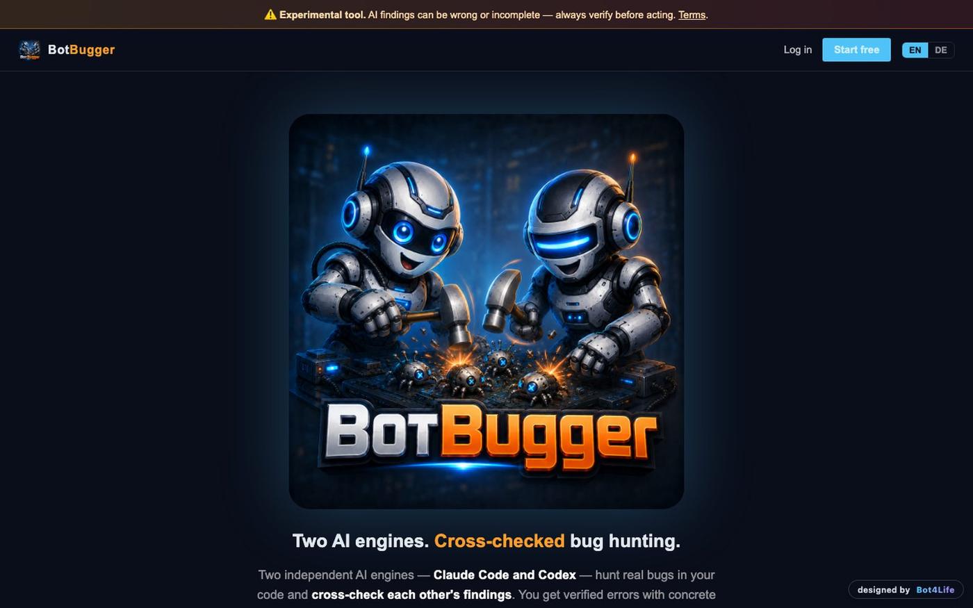 Botbugger — Two AI engines. Cross-checked bug hunting. — screenshot