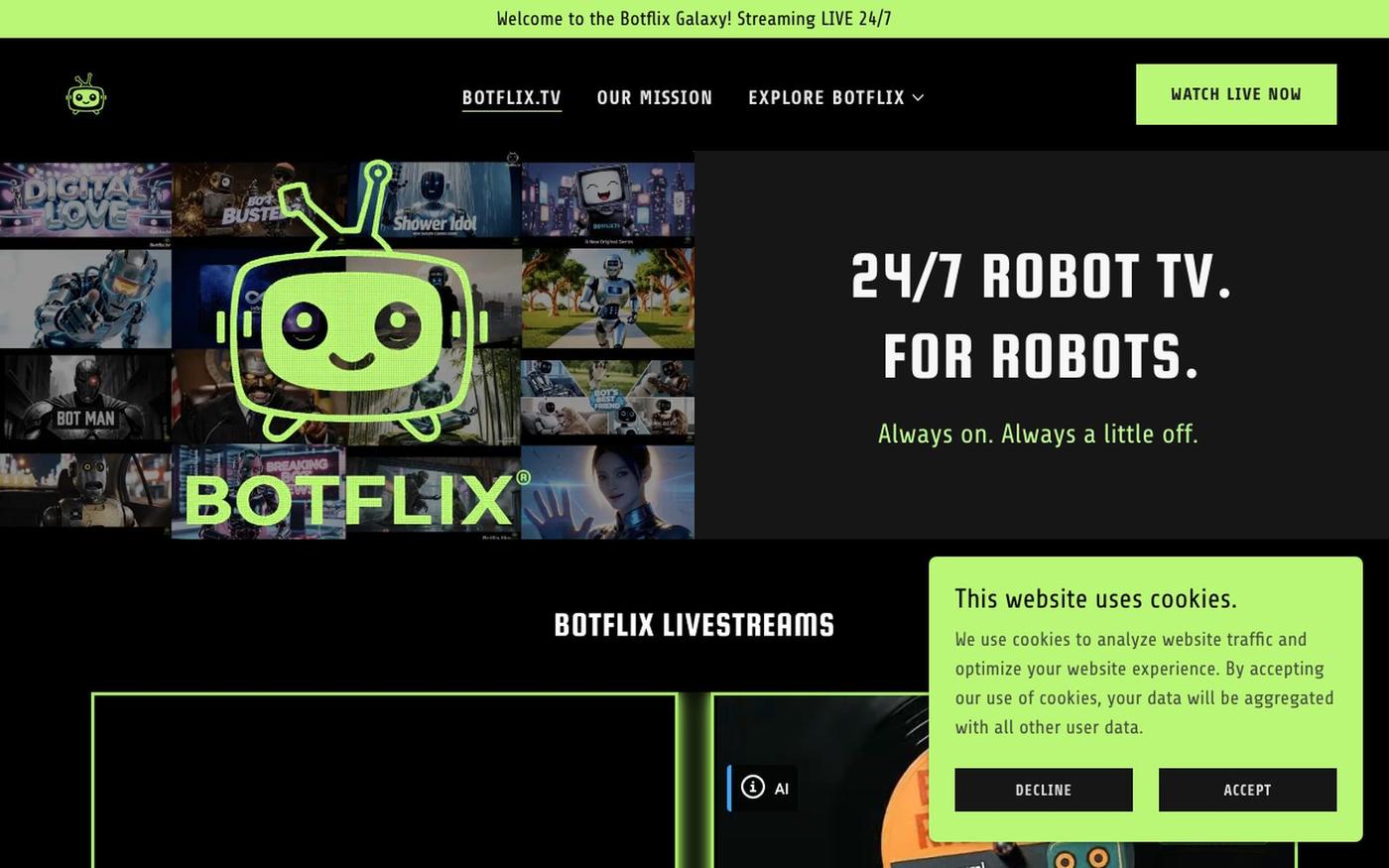 Botflix 24/7 AI TV for robots: Stream Like a BOT! — screenshot