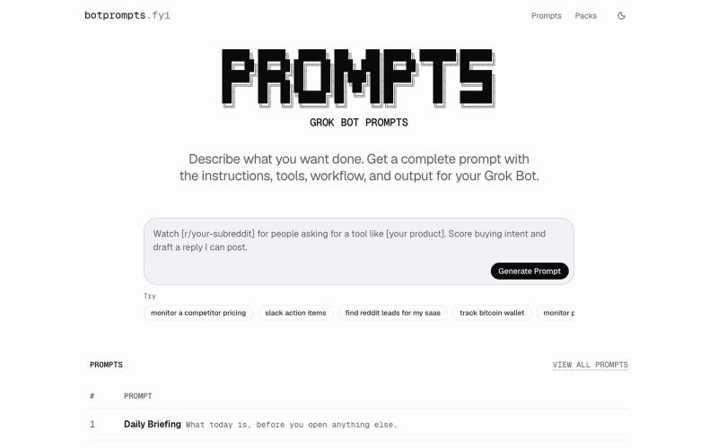 Describe what you want done · BotPrompts — screenshot