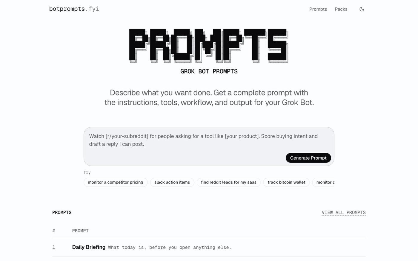 Describe what you want done · BotPrompts — screenshot