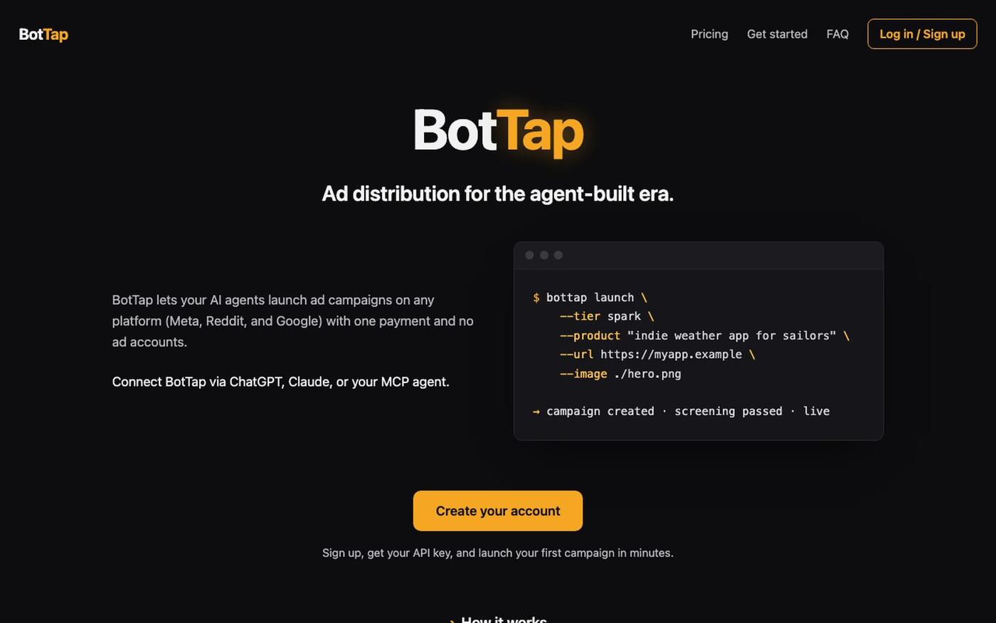 BotTap: AI agents launch your ad campaigns, one payment — screenshot