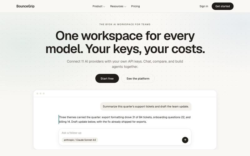 BYOK AI Workspace for Teams: Compare Models | BounceGrip — screenshot