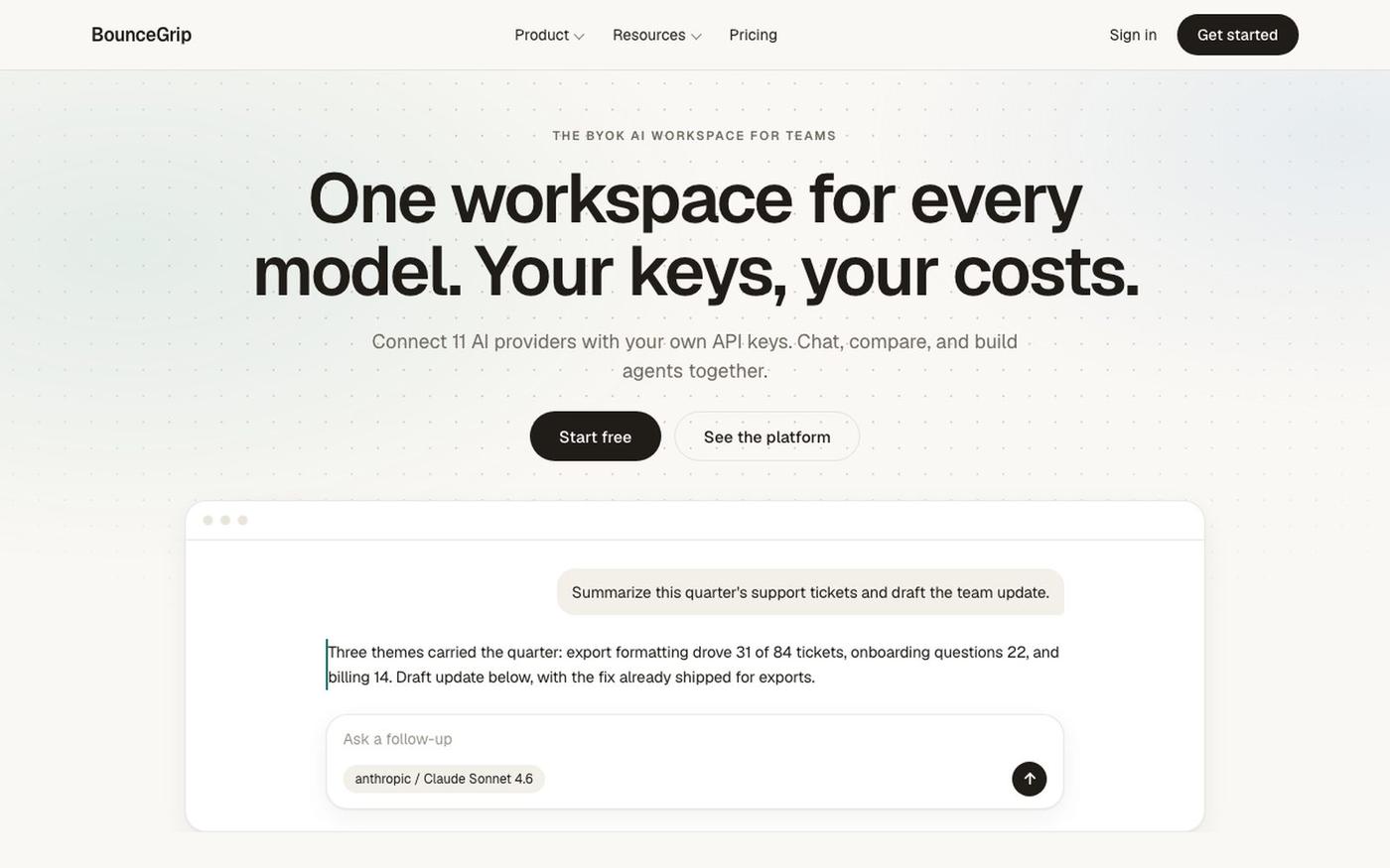 BYOK AI Workspace for Teams: Compare Models | BounceGrip — screenshot