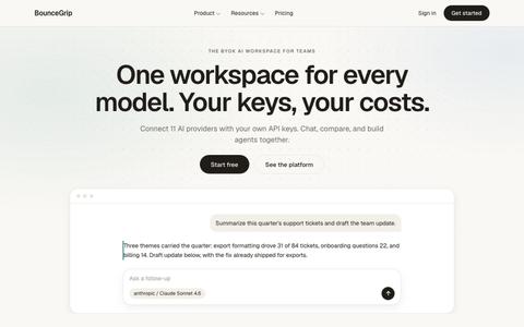 BYOK AI Workspace for Teams: Compare Models | BounceGrip — screenshot