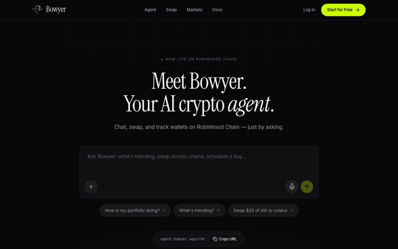 Bowyer — AI Crypto Agent on Robinhood Chain — screenshot