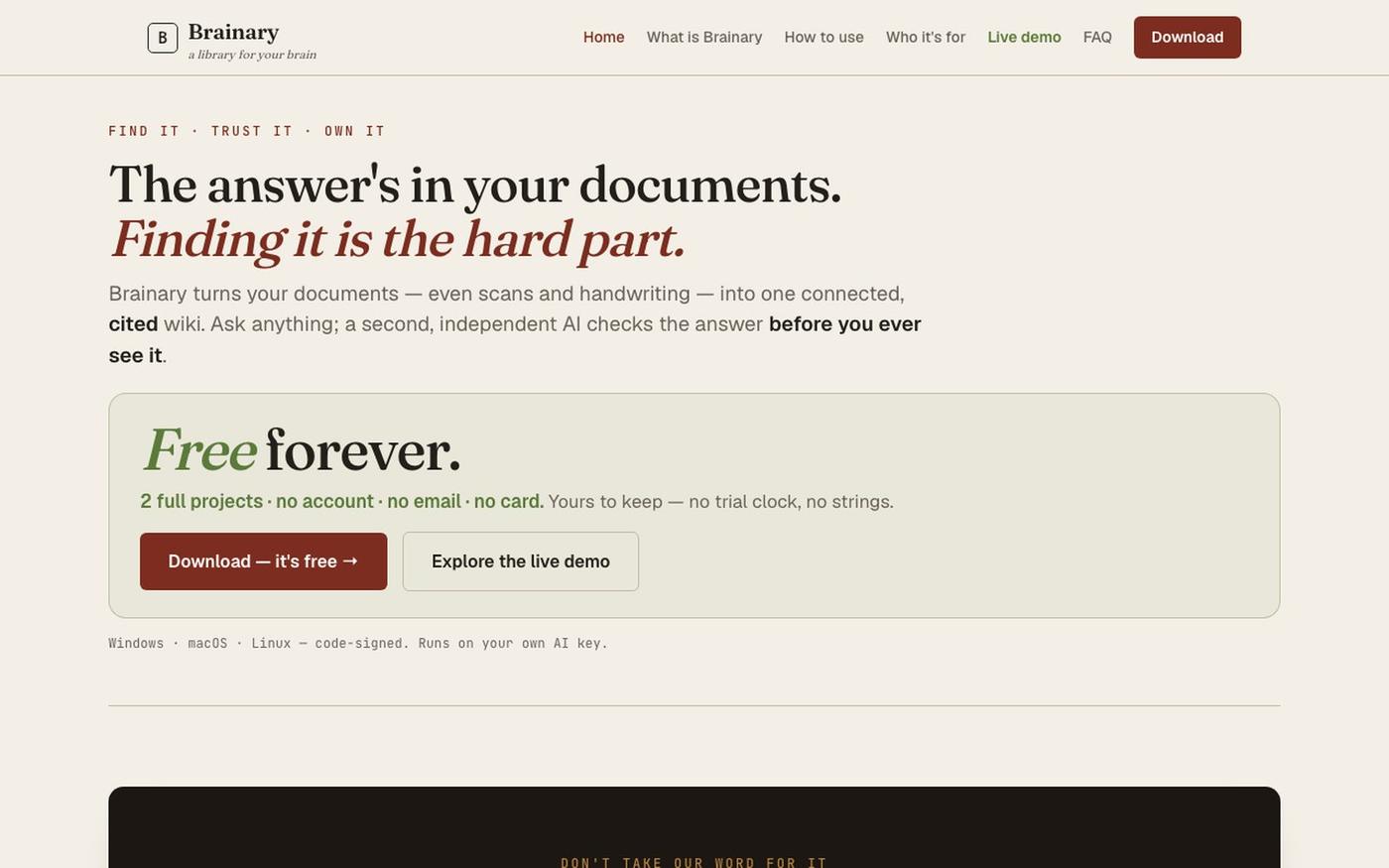 Brainary — Turn your documents into a cited wiki you can trust — screenshot