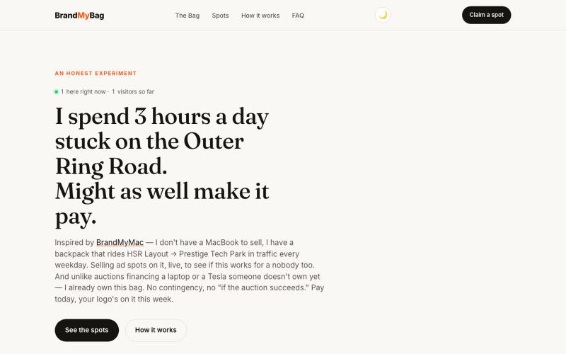 BrandMyBag — ad space on my backpack — screenshot