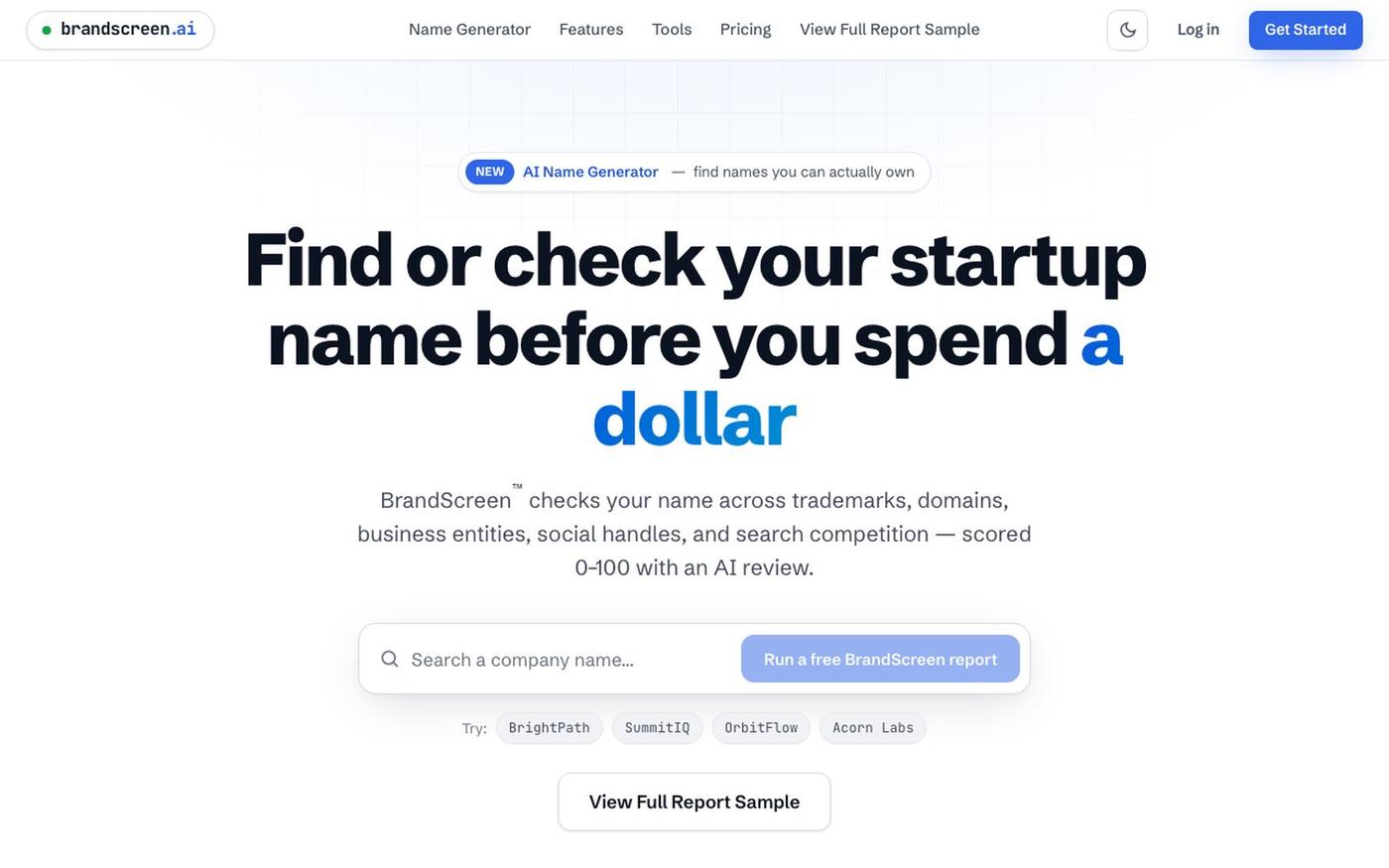 BrandScreen.ai — Screen your startup name before you build — screenshot