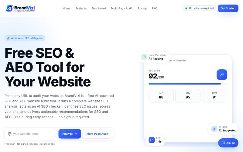 Free SEO & AEO Tool | AI Website Audit | BrandVizi — screenshot
