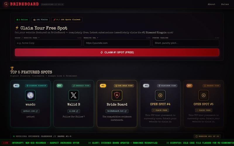 BribeBoard — The Detective-Themed Pay-to-Rank Evidence Ledger — screenshot