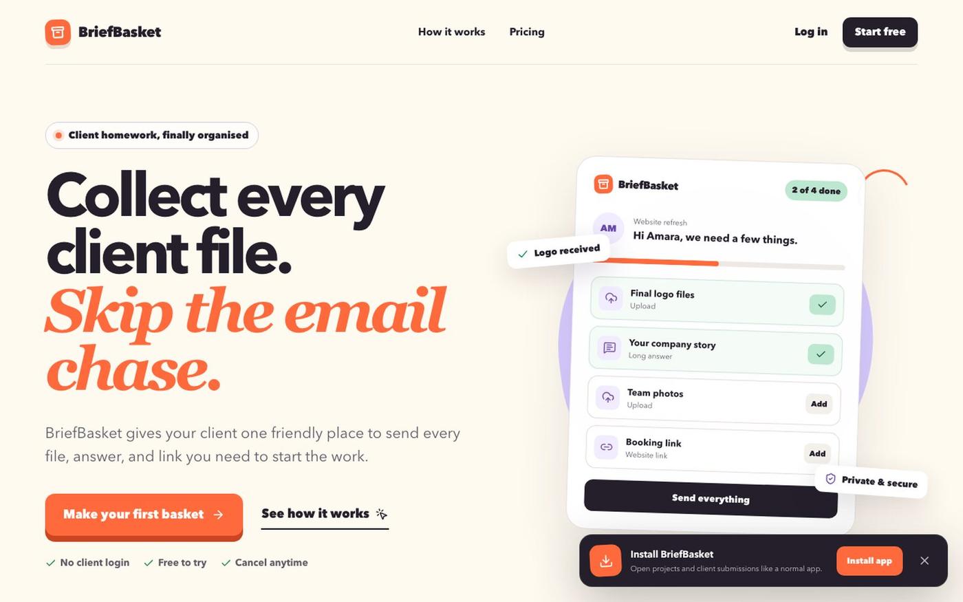 Client Content Collection Software | BriefBasket — screenshot