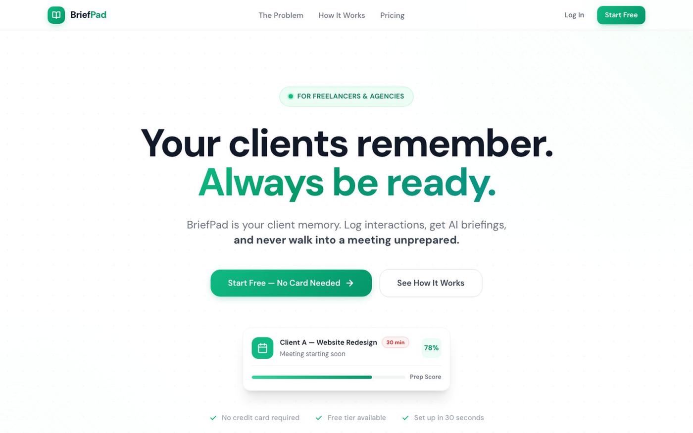 BriefPad — Your Client Memory. Never Forget What Matters. — screenshot