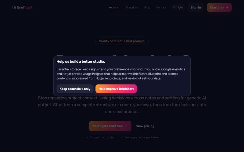 BriefStart | Reusable project brief templates for AI prompts — screenshot