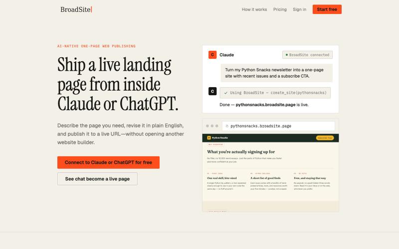 BroadSite — Landing pages, shipped from your AI chat — screenshot