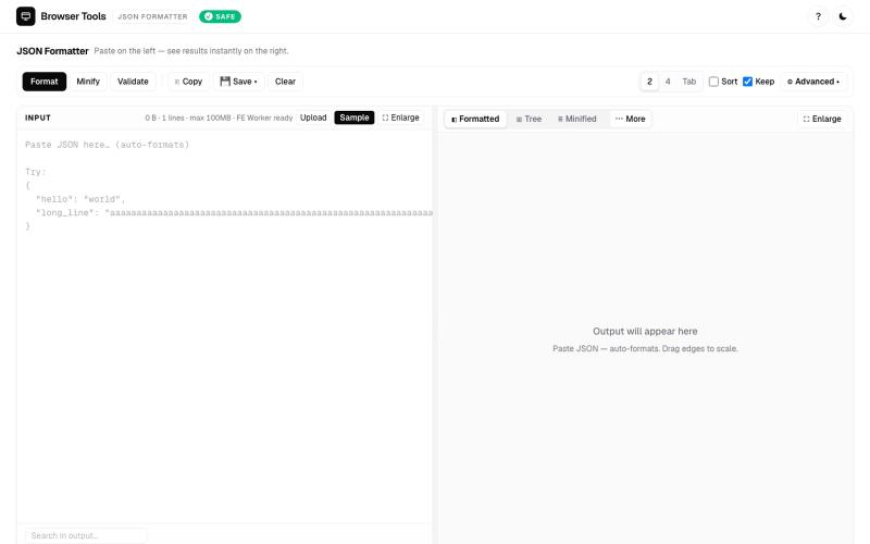 JSON Formatter — Format, Validate & Minify JSON Online — Browser Tools — screenshot