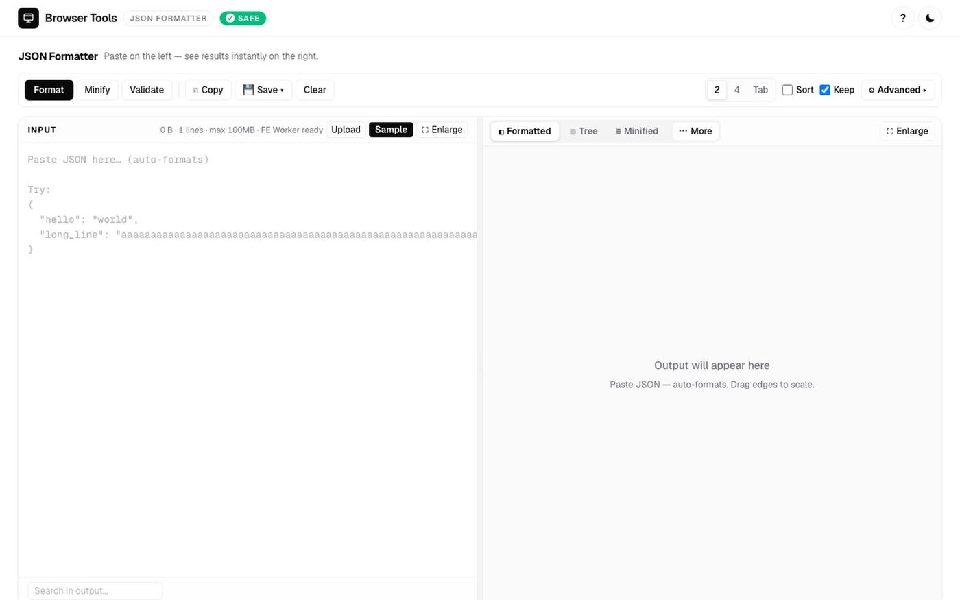 JSON Formatter — Format, Validate & Minify JSON Online — Browser Tools — screenshot