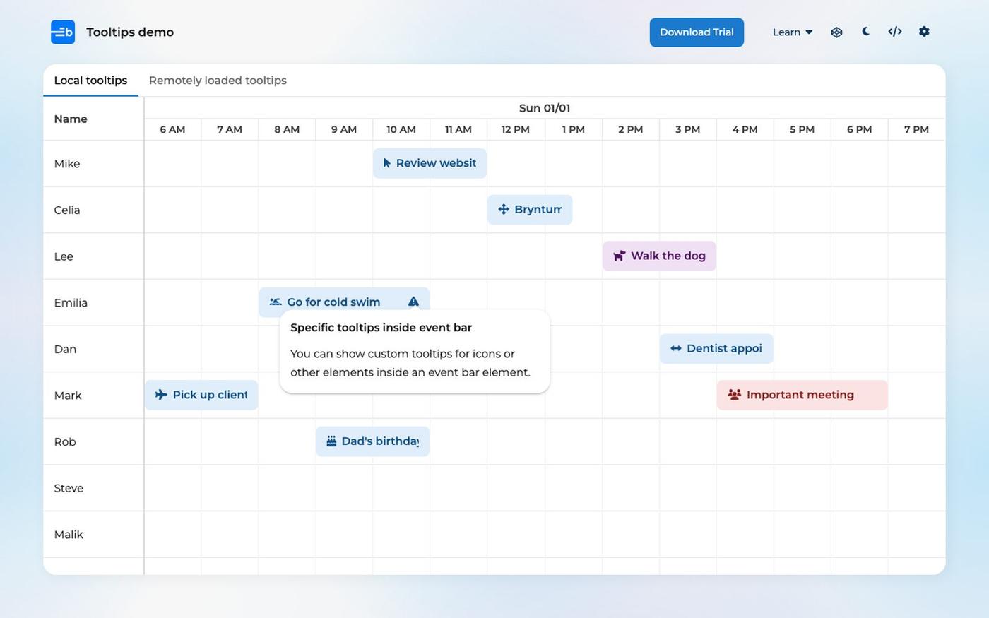 Bryntum Scheduler - Tooltips demo — screenshot
