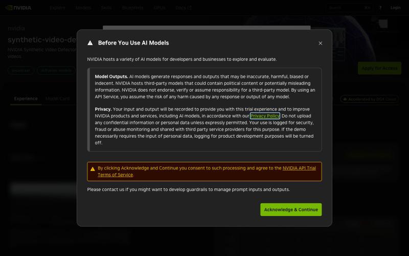 synthetic-video-detector Model by NVIDIA | NVIDIA NIM — screenshot