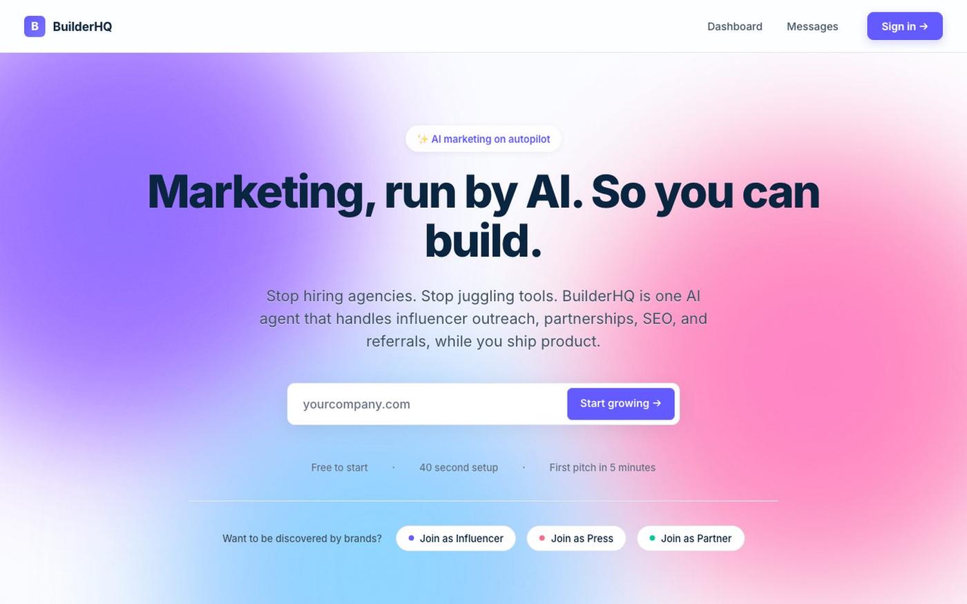BuilderHQ — AI agent to automate your Influencer marketing, PR, and partnerships — screenshot