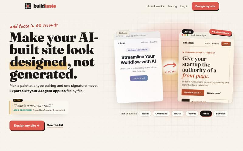 BuildTaste: make your AI-built site look designed, not generated — screenshot