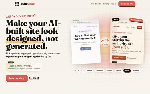 BuildTaste: make your AI-built site look designed, not generated — screenshot