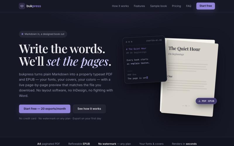 bukpress — Markdown in, a designed book out — screenshot