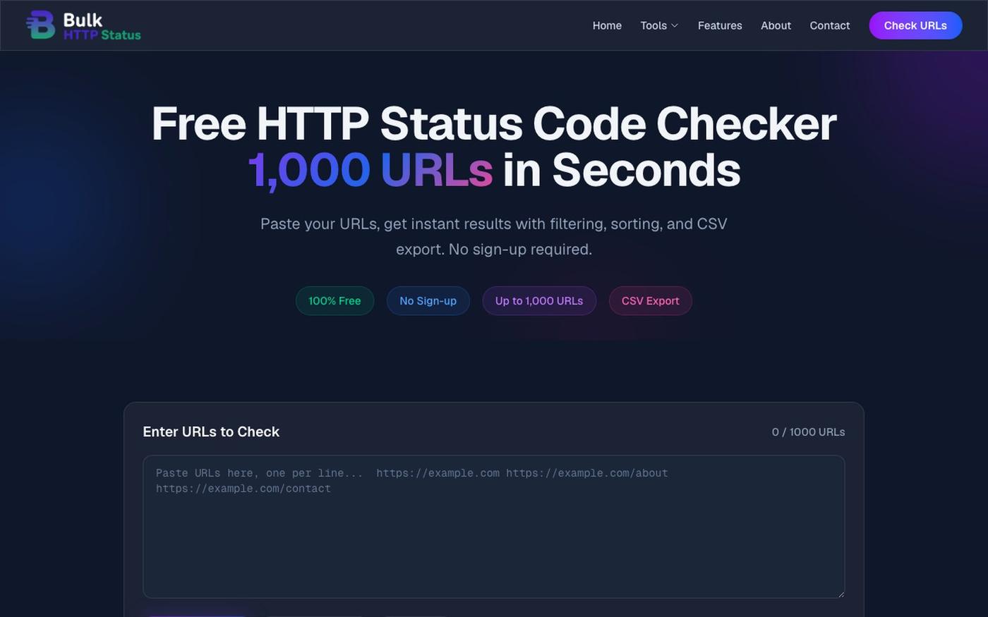 Free Bulk HTTP Status Code Checker | BulkHTTPStatus — screenshot
