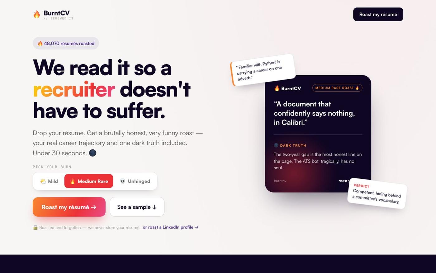 BurntCV — get your résumé roasted 🔥 — screenshot