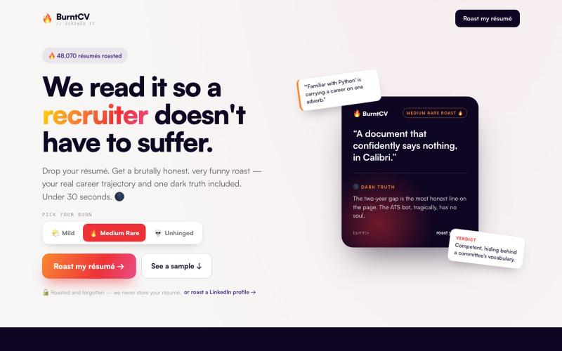 BurntCV — get your résumé roasted 🔥 — screenshot