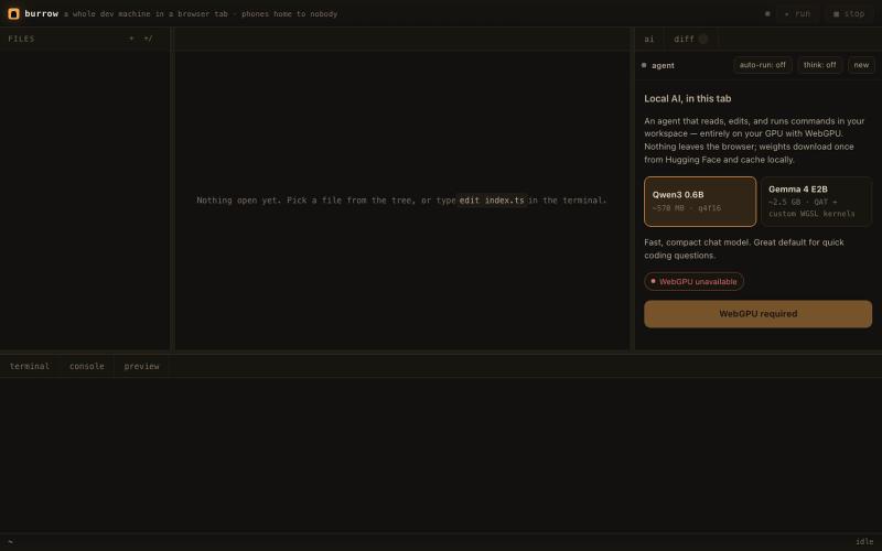 Burrow — a dev machine in one tab — screenshot