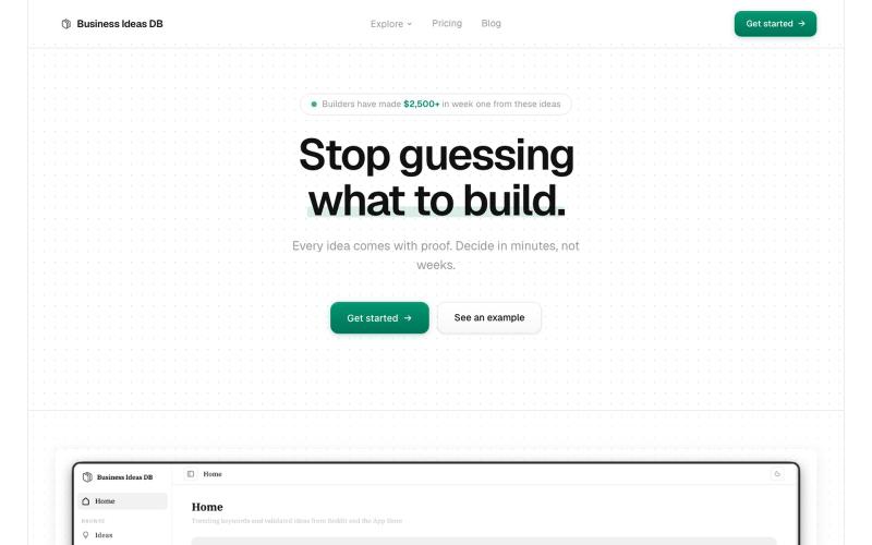 Business Ideas Database | Validated Startup & Side Hustle Ideas from Reddit · Bu — screenshot