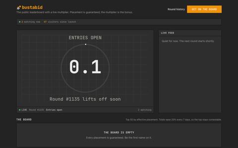 Bustabid: the pay-to-rank leaderboard with a live crash multiplier — screenshot