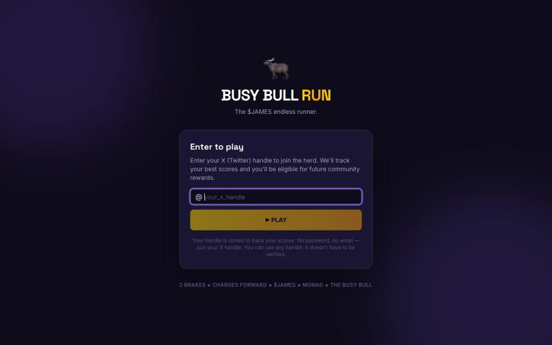 BUSY BULL RUN — The $JAMES Endless Runner on Monad — screenshot