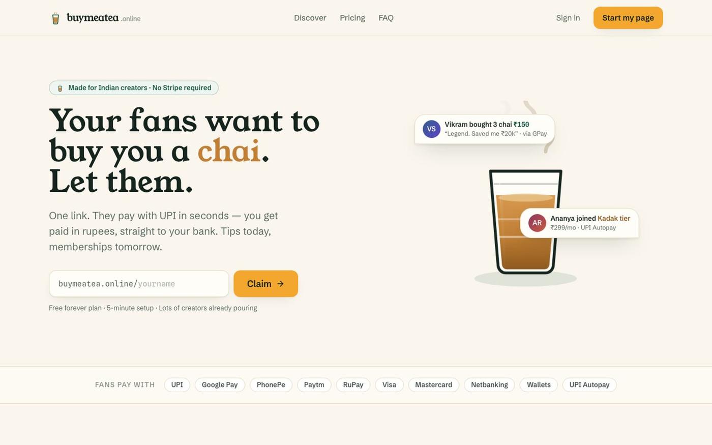 BuyMeATea — Get support from your fans, the Indian way — screenshot