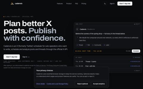 X (Twitter) Scheduler, Analytics & AI Writer | Cadenvio — screenshot