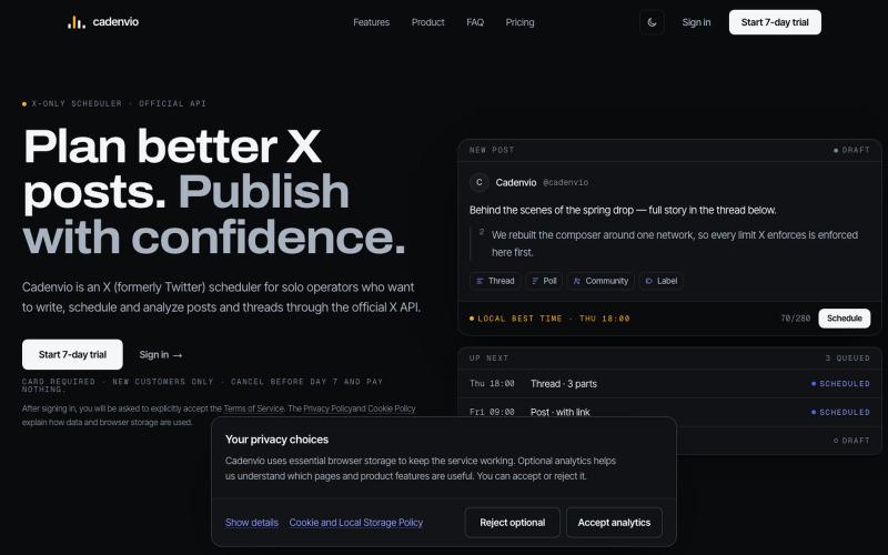 X (Twitter) Scheduler, Analytics & AI Writer | Cadenvio — screenshot