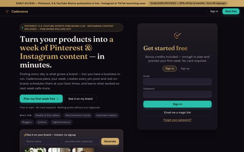 Cadenzova — Turn your products into a week of Pinterest & Instagram content — screenshot
