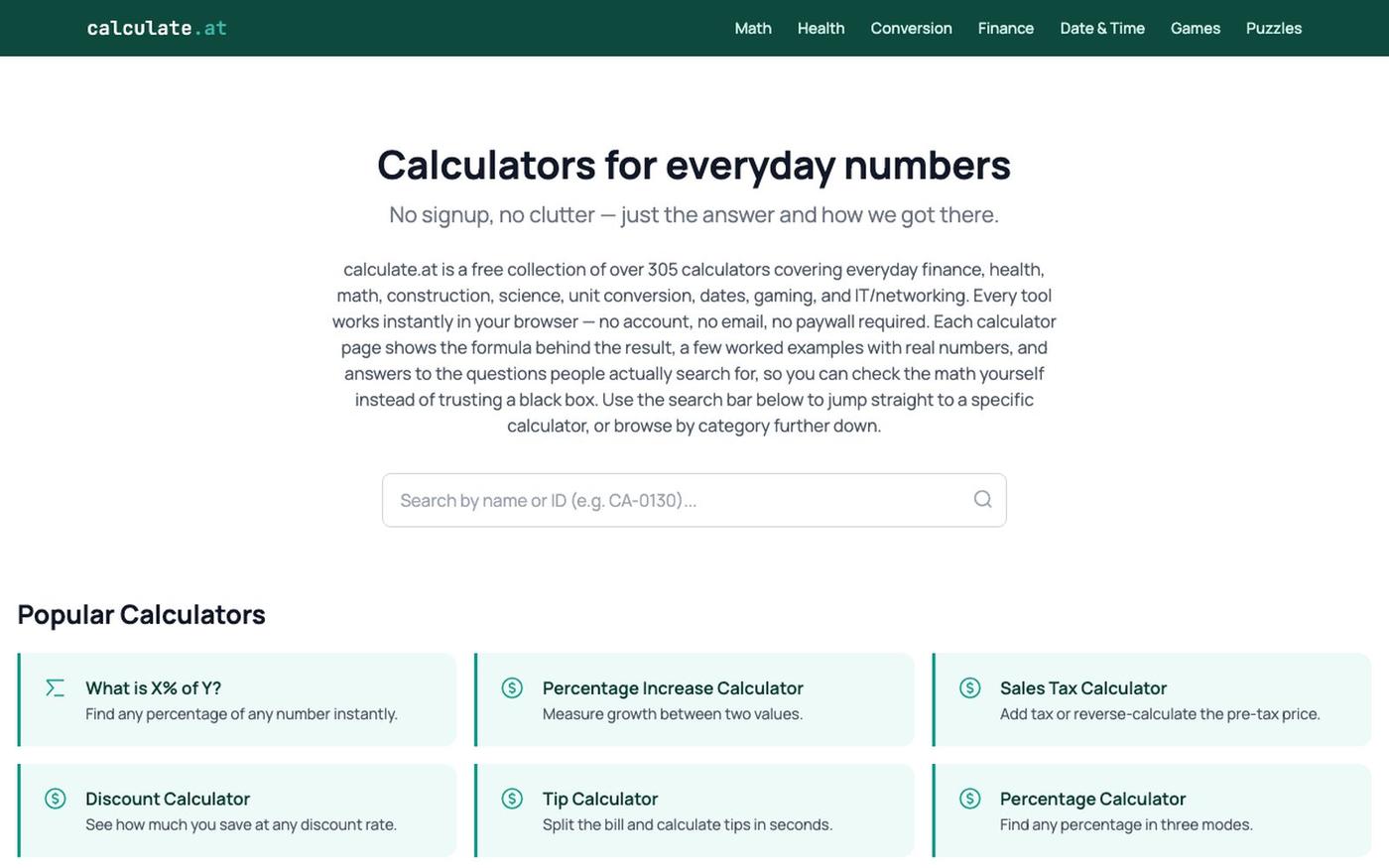 calculate.at — 305+ Calculators, No Signup Required — screenshot