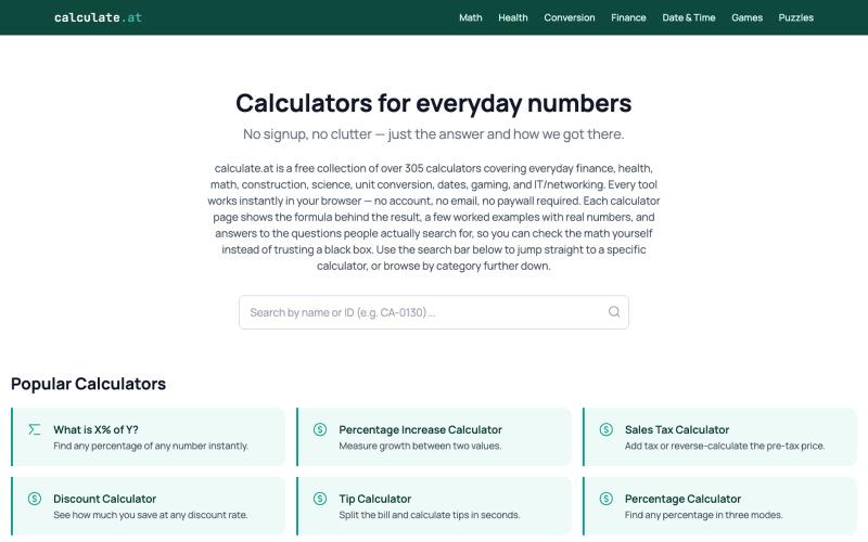 calculate.at — 305+ Calculators, No Signup Required — screenshot