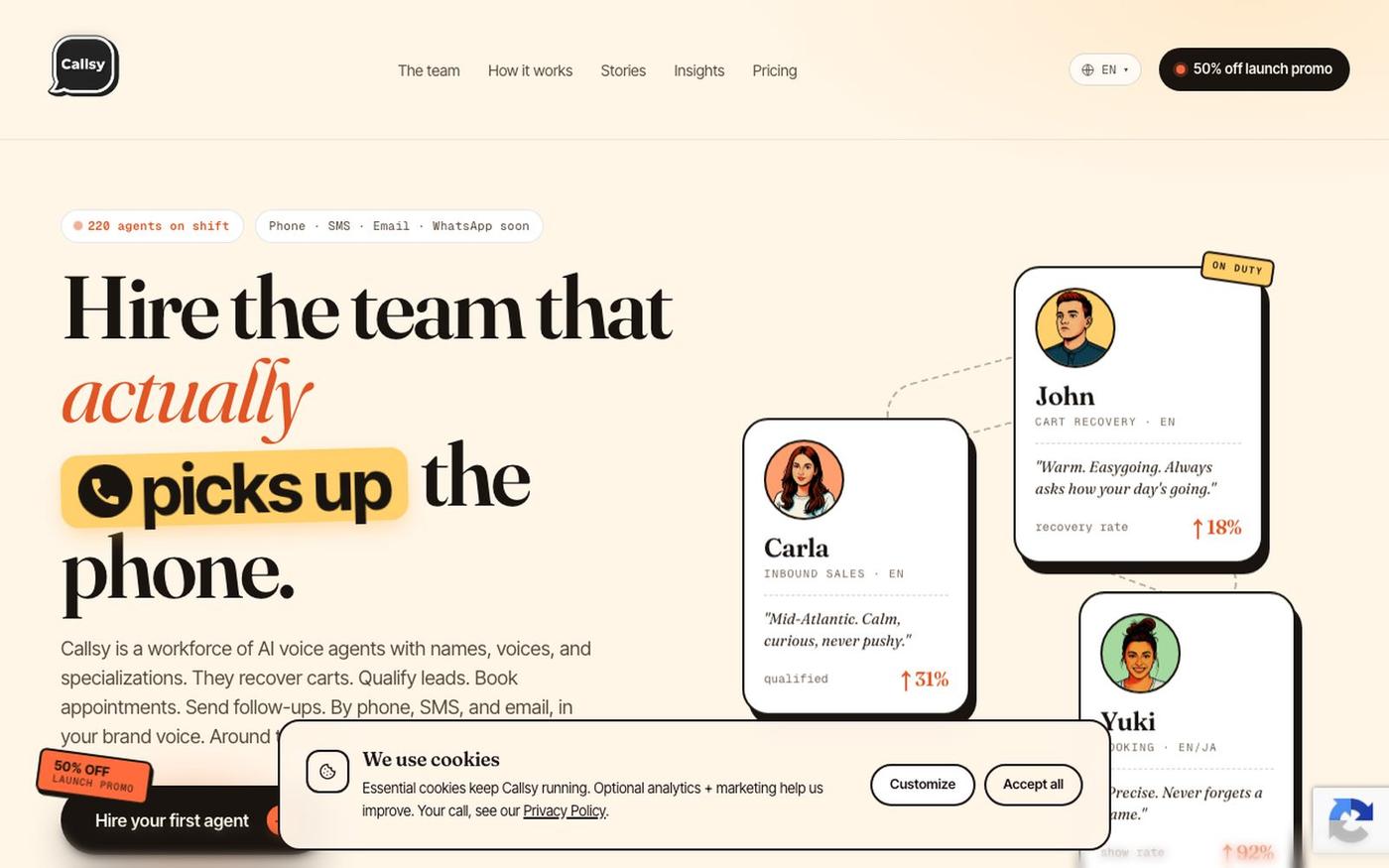 Callsy. AI voice agents for abandoned cart recovery on Shopify, WooCommerce & mo — screenshot