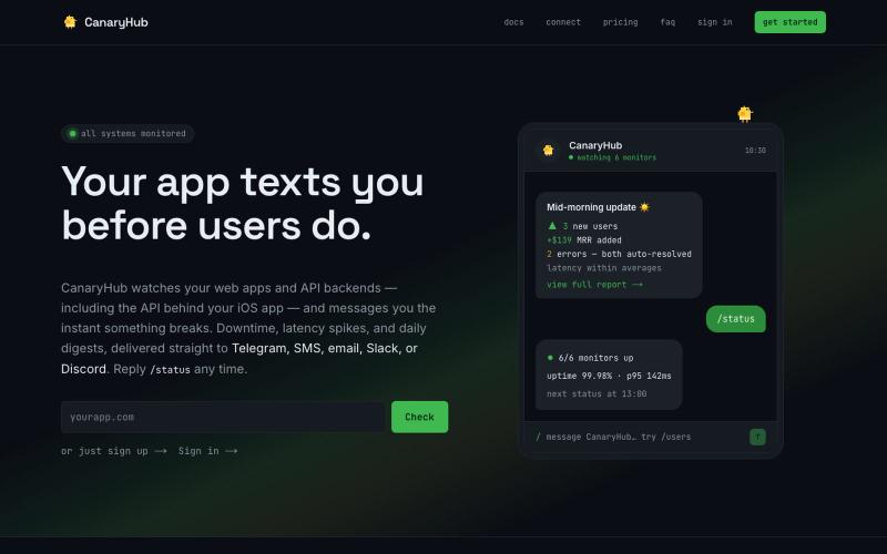 CanaryHub — One-click observability for your apps — screenshot
