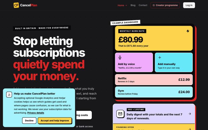 CancelPlan | Stop letting subscriptions spend your money — screenshot