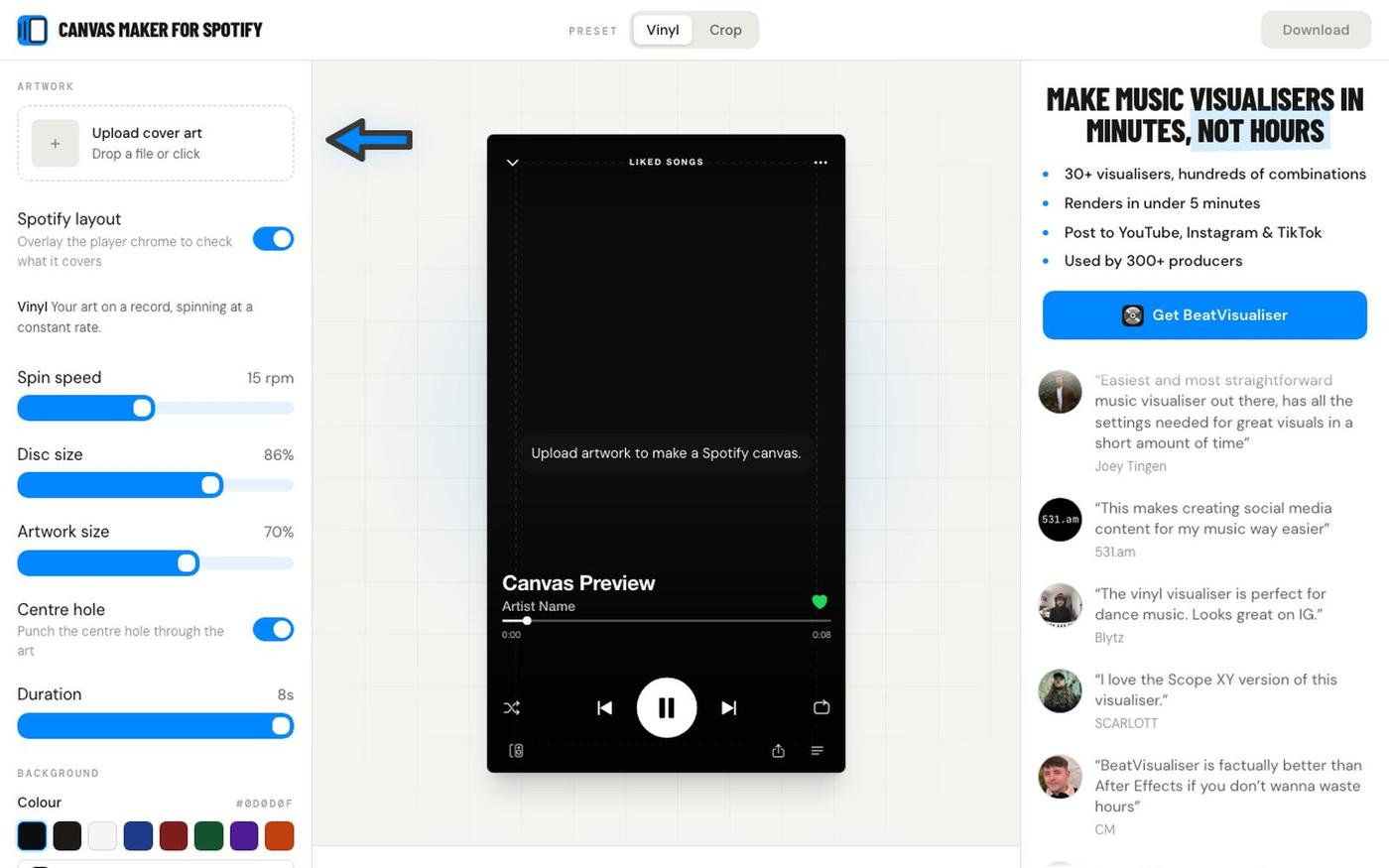Canvas Maker for Spotify | Free 8-Second Loops from Your Cover Art — screenshot