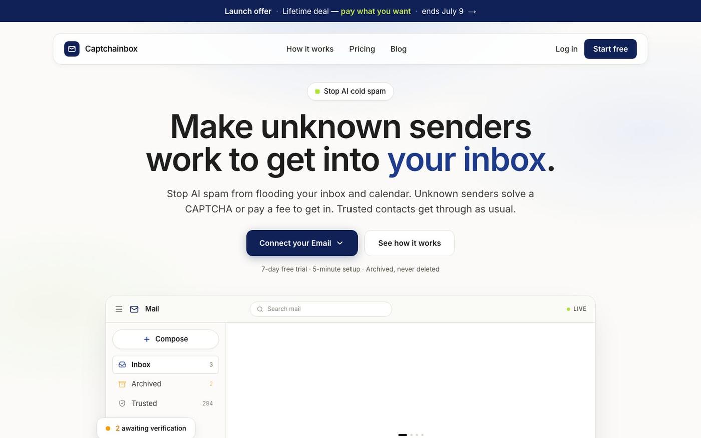 Captchainbox - Make senders work to get into your inbox — screenshot