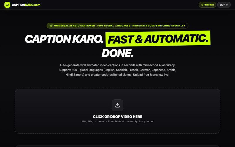 CaptionKaro.com - Free AI Auto Caption Generator for Reels, Shorts & TikTok — screenshot